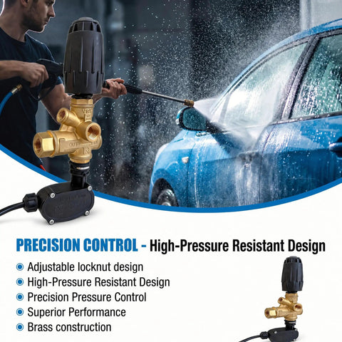 Heavy Duty Pressure Washer Unloader Valve 4500 PSI Ten And A Half GPM Beefy Brass Build With Adjustable Knob shown with car wash