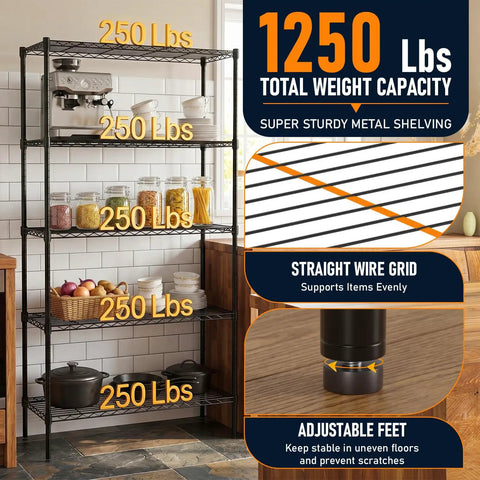 5-Tier Wire Shelf Storage Rack In Black, Heavy-Duty Steel, 36 x 14 x 72 Inch, Handles Up To 250 Lbs Per Level, 1250 Lbs Total Capacity, Perfect Kitchen Or Garage Organizer For Real Go-To Storage Power. Black 5-tier wire shelf rack in kitchen, 36 x 14 x 72 inch