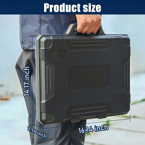 Person holding a black carrying case for the 45 Piece Metric Tap And Die Set For Threading And Rethreading M6 To M25 With Wrenches Case And Extra Tools Including 20 Taps 20 Dies T Handle Tap Wrench Die Wrench Screw Extractors And Case For DIY And Pro Use showing dimensions 14.17 inch by 16.14 inch by 2.76 inch