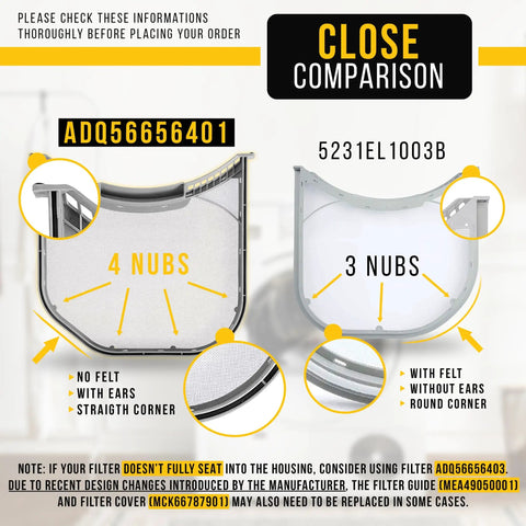 Comparison of two lint trap screen models, ADQ56656401 with 4 nubs and 5231EL1003B with 3 nubs, for LG and Kenmore Elite dryers.