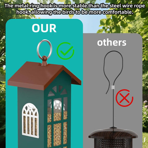 Comparison of Durable Metal Wild Bird Feeder For Outdoors Hangin with stable metal hook and another feeder with wire hook.