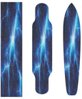 Electric Blue Lightning Skateboard Grip Tape 33 X 9 In Waterproof Tearproof Non Slip Bubble Free Longboard Grip Tape For Scooters Boys And Girls High Friction Emery PVC Surface Easy Install shown in three shapes.