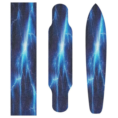Electric Blue Lightning Skateboard Grip Tape 33 X 9 In Waterproof Tearproof Non Slip Bubble Free Longboard Grip Tape For Scooters Boys And Girls High Friction Emery PVC Surface Easy Install shown in three shapes.