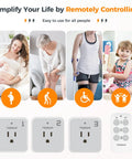 Plug And Play Remote Control Outlet Kit With Three Outlets And One Remote For Indoor Lamps, String Lights, And Small Appliances, Wireless Power Socket With 100 Foot RF Range And 15 Amp 1875 Watt Power Capacity, Easy Setup shown with user icons and remote control device.