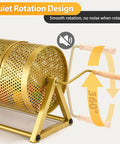 Raffle drum, gold perforated metal with wooden turning handle and tripod stand; 15x7 in, holds 3,000 tickets