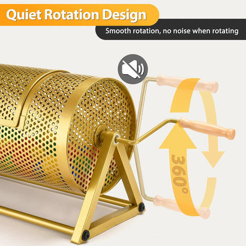 Raffle drum, gold perforated metal with wooden turning handle and tripod stand; 15x7 in, holds 3,000 tickets
