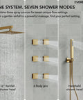EVERSTEIN 12" Rainfall Shower System with Handheld Spray, Brushed Gold showing rainfall head and body jets.