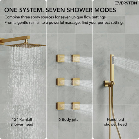 EVERSTEIN 12" Rainfall Shower System with Handheld Spray, Brushed Gold showing rainfall head and body jets.