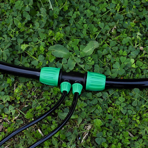 10 Pcs 4 Way Anti Leak Barbed Drip Irrigation Tee Connectors For 1/2 Inch ID To 1/4 Inch OD Tubing With Locking Buckle installed