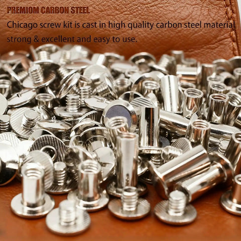 Tough Stainless Chicago Screws 110 Piece Kit featuring silver carbon steel fasteners, ideal for leather crafting and repairs.