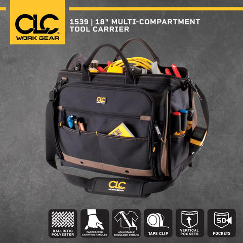 Heavy Duty Tool Bag With 50 Pockets And Large Center Compartment, showcasing multiple pockets and professional design