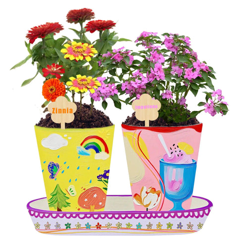 All In One Paint And Grow Flower Kit With 4 Ceramic Pots Soils Seed Packs Saucers Plant Markers Palette Brushes Tools And 12 Acrylic Colors For Creative Gardening Arts And Crafts And Perfect DIY Gift showing decorated pots with flowers.