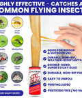 Heavy Duty Indoor Fly Strips With Stainless Hanging Hooks, Odor Free Sticky Bug Tape For Fruit Gnats And Houseflies, Nontoxic Pest Control Ribbon That Snags Hard with insects.