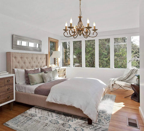 Bedroom scene with Rustic 6 Light Chandelier With Antique Bronze Finish That Rocks French Country Vintage Pendant Light Fixture