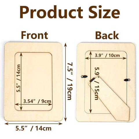 Front and back view of 5.5" x 7.5" unfinished wood picture frames showing dimensions for 4x6 photos. 6 Unfinished Wood Picture Frames DIY Kit.