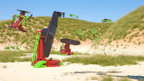 80 Piece Solar Construction Kit Lets Kids Build A Helicopter Air Boat Or Fan With A Solar Rotor Powering The Propeller While Teaching Renewable Energy In A Fun STEM Hands On Way. Solar-powered red and green model on sand
