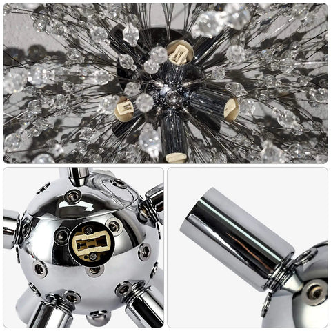 Lit Modern Firework Dandelion Sputnik Chandelier With 8 Lights Crystal Chrome Pendant Lighting details and components.