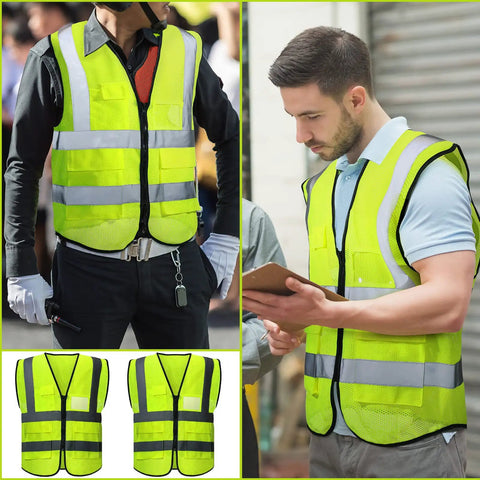 Built Different Bulk 40 Pack Bright Neon Yellow High Visibility Safety Vests With Reflective Silver Strips And Zippered Mesh Pockets For Active Crews Daily Work, shown on two men in outdoor settings.