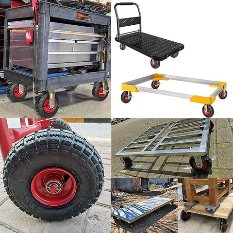 Various carts and trolleys with Heavy Duty Pneumatic Swivel Plate Caster With Ball Bearings And Side Brakes on different bases