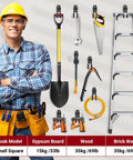 Man with tool belt standing next to wall displaying tools and a ladder on Six Pack Garage Storage Hooks Heavy Duty Wall Mount Organizer For Power Tools Garden Tools Ladders Bulk Items And More Equipment Hangers To Keep Your Shop Clean And Looking Slick