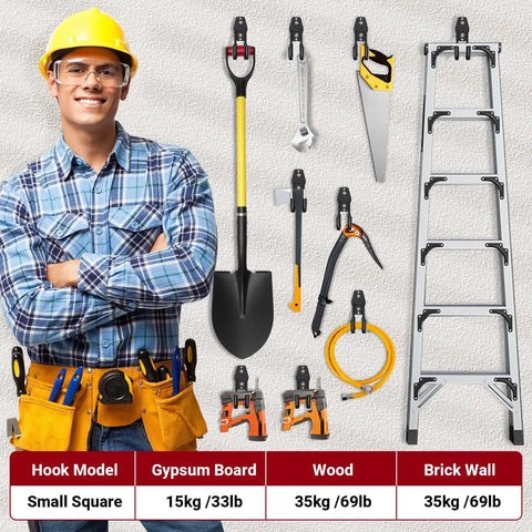 Man with tool belt standing next to wall displaying tools and a ladder on Six Pack Garage Storage Hooks Heavy Duty Wall Mount Organizer For Power Tools Garden Tools Ladders Bulk Items And More Equipment Hangers To Keep Your Shop Clean And Looking Slick