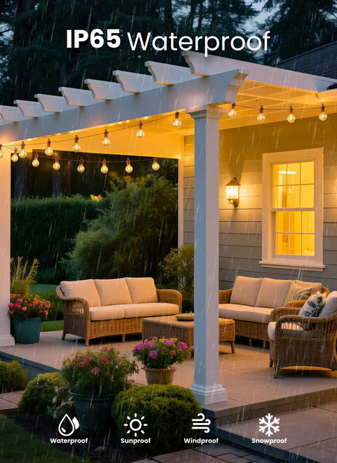 100 Feet Outdoor String Lights With 50 LED G40 Bulbs Plus 2 Spares Shatterproof Waterproof Connectable Up To 14 Strands on patio
