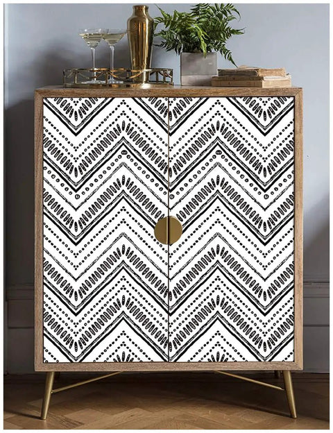 Peel And Stick Black And White Boho Geometric Textured Self Adhesive Wallpaper on cabinet doors in modern decor setting