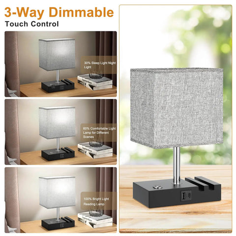Touch Lamp With USB C And USB A Ports, 3 Level Brightness, 3 Way Dimmable Bedside Table Lamp With 2 Phone Slots, Bulb Included