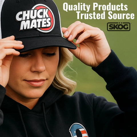 Person wearing a Chuck Mates cap, adjusting the brim, with quality products text in the background.