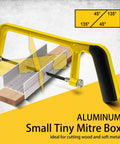 Front view of Hanpex aluminum small miter box, yellow frame with black handle; 45°/135° wood cutting slots.
