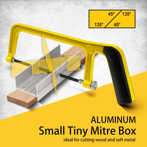 Front view of Hanpex aluminum small miter box, yellow frame with black handle; 45°/135° wood cutting slots.