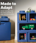 Contemporary Builders Stackable Storage Cubes Set For Kids, Modular Building Block Organizer With Open Front, 5-Piece Blue Toy Storage System