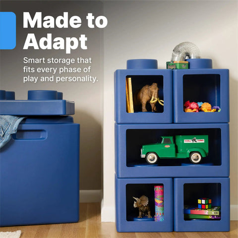 Contemporary Builders Stackable Storage Cubes Set For Kids, Modular Building Block Organizer With Open Front, 5-Piece Blue Toy Storage System