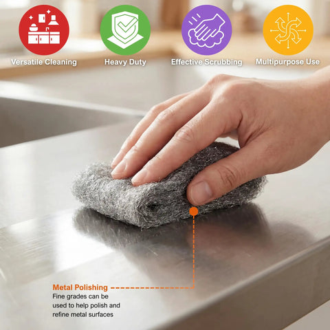 Ultra Fine 0000 Steel Wool Scrubbers For Glass And Surfaces Pack Of 8 Polishing Pads used on a metal surface