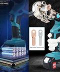 Heavy Duty Portable Rechargeable Hydraulic Cable Crimper shows lithium ion battery and connectors for copper and aluminum.
