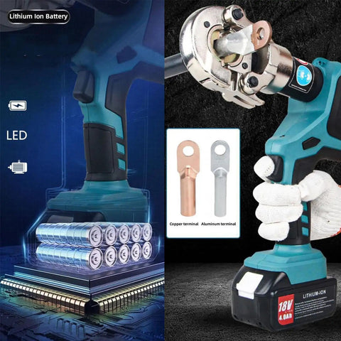 Heavy Duty Portable Rechargeable Hydraulic Cable Crimper shows lithium ion battery and connectors for copper and aluminum.