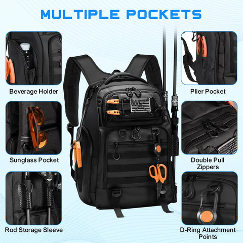 backpack with tackle box that wraps to the front 50L Fishing Tackle Backpack With Removable Lure Wraps, Four Clear View Tackle Boxes, Two Rod Holders, Versatile Gear Bag With Front Pocket For Lures