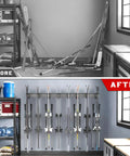 Before and after comparison of Modern Top Shelf Heavy Duty Wall Mount Ski Rack Solid Garage Game Changer storing 16 ski pairs.