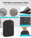 Cord Organizer Case For Cables And Chargers, showcasing black nylon texture, water-resistant surface, and PU leather handle.