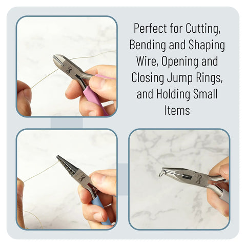 Three Piece Jewelry Pliers Set With Needle Nose Round Nose And Side Cutter For Beading Wire Wrapping Jump Rings And Jewelry Repair Ideal DIY Craft Tool Kit For Makers And Hobbyists, showing use on wire and jump rings