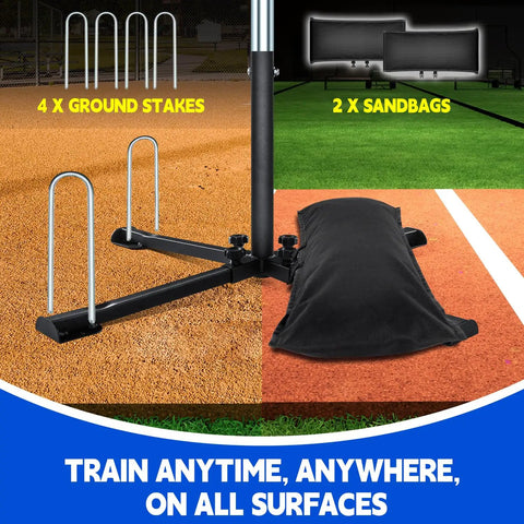 Auto Reset Baseball And Softball Hitting Tee with X-base, stakes, and sandbag on field