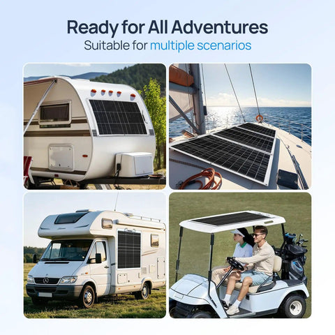 260W 12V Flexible Solar Panel Kit With Dual 130W Mono Panels on RV, boat, campervan, and golf cart.