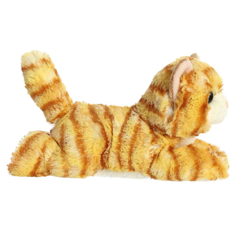 Real Deal Mini Flopsie Ginger Cat Eight Inch Stuffed Animal Plush side view showing vibrant stripe pattern and soft fabric.