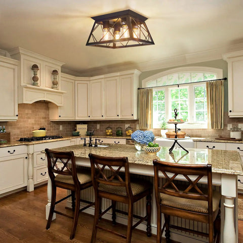 4 Light Black Dope Flush Mount Ceiling Light For Kitchen And Hallway Industrial Close To Ceiling Farmhouse Square Cage