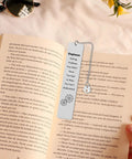 Funny Engineer Gift For Engineers And Students, stainless steel bookmark with gears design on open book, velvet pouch in background