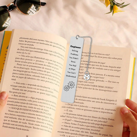 Funny Engineer Gift For Engineers And Students, stainless steel bookmark with gears design on open book, velvet pouch in background