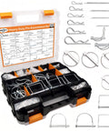 Ready To Roll All In One Heavy Duty Hitch Pins Kit With PTO And Cotter Pins For Trailers Tractors And Trucks Farm And Lawn Gear Snow Plows Rust Resistant Zinc Plated Steel Double Sided Toolbox Included shown with open toolbox and assorted pins