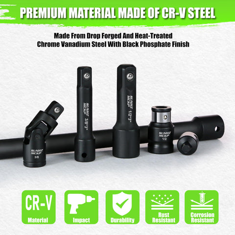 Heavy Duty 18-Piece Impact Socket Extension Set showcasing chrome vanadium steel material with black phosphate finish