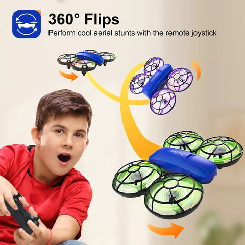 Boy flying Kid Friendly Camera Drone For Indoor Flying, No Brainer Beginner Mini Quad For Boys And Girls, performing flips