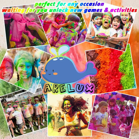 Collage showcasing vibrant Holi festivities with Bulk Holi Color Powder 40 Pound Kit In 8 Pack 5 Pound Each for colorful events.